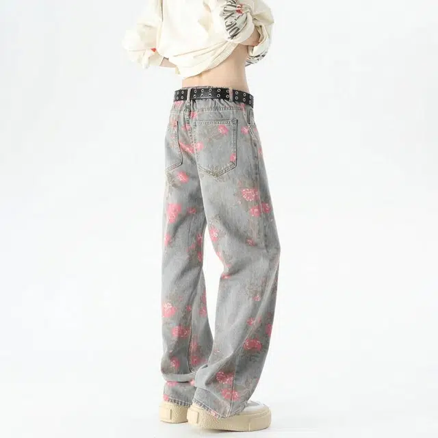 木林森 美式街头嘻哈个性花卉满印复古水洗百搭通勤宽松休闲垂感直筒牛仔裤 男女同款 蓝色