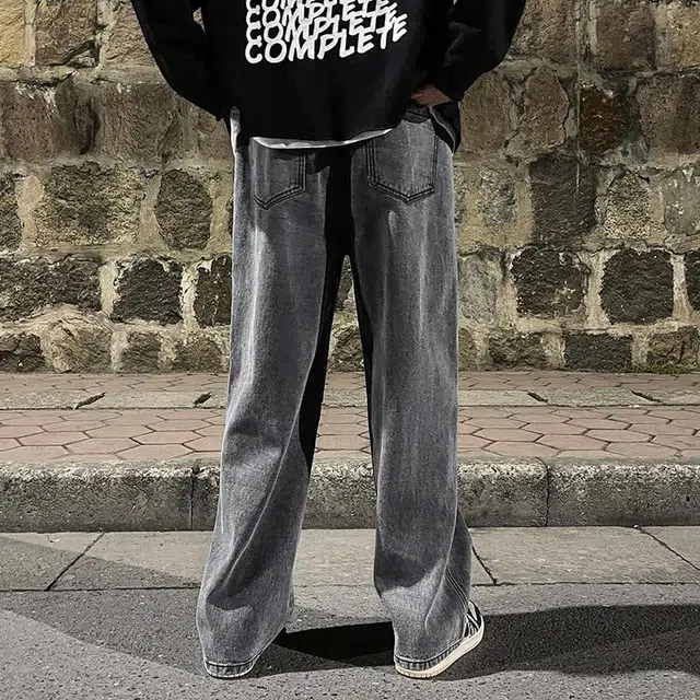 华夏儿女 春夏季 宽松直筒松紧腰潮牌高街港风水洗拖地牛仔裤 男款