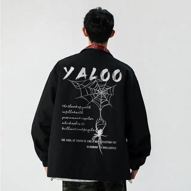 雅鹿 美式高街潮流简约纯色格子拼接撞色运动休闲户外背面蜘蛛英文字母印花宽松立领长袖夹克外套 男女同款