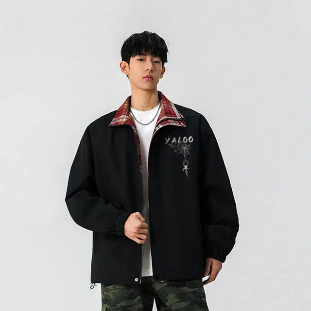 雅鹿 美式高街潮流简约纯色格子拼接撞色运动休闲户外背面蜘蛛英文字母印花宽松立领长袖夹克外套 男女同款