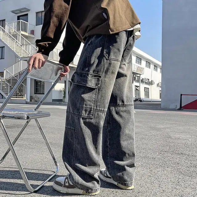 华夏儿女 春夏 美式复古街头百搭工装宽松直筒休闲阔腿牛仔裤 男款