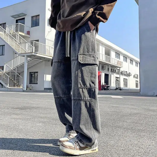 华夏儿女 春夏 美式复古街头百搭工装宽松直筒休闲阔腿牛仔裤 男款