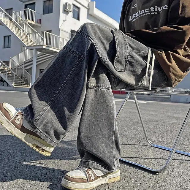 华夏儿女 春夏 美式复古街头百搭工装宽松直筒休闲阔腿牛仔裤 男款