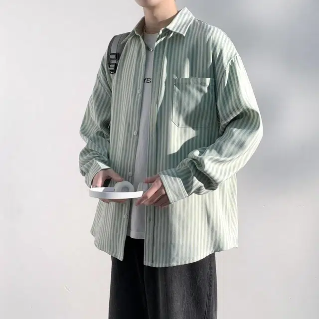美力城 美式学院男友风复古撞色条纹单排扣休闲落肩百搭日常高街风日系简约经典基础款长袖衬衫 男女同款