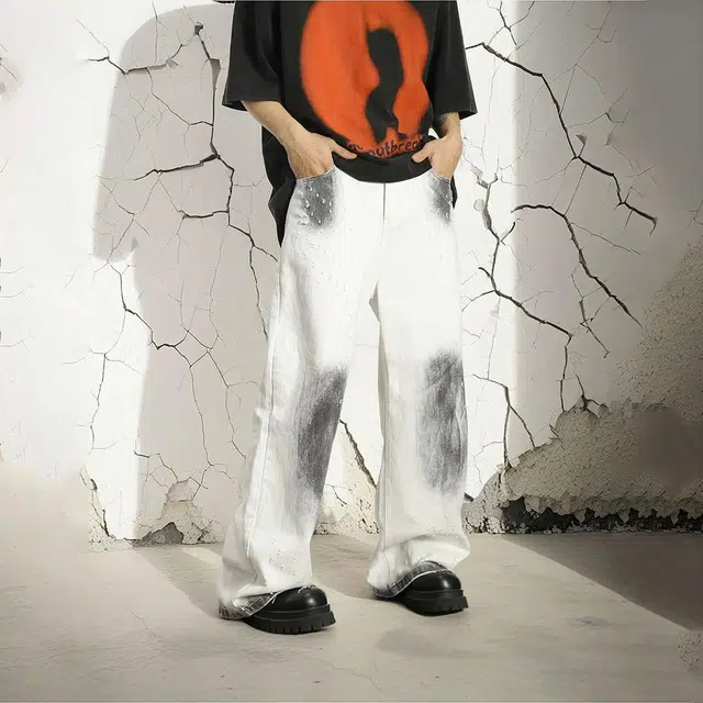 冰飞 破洞休闲美式复古高街潮流宽松阔腿直筒裤学院风薄款长裤牛仔裤 男女同款 白色