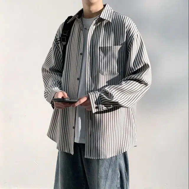 美力城 美式学院男友风复古撞色条纹单排扣休闲落肩百搭日常高街风日系简约经典基础款长袖衬衫 男女同款