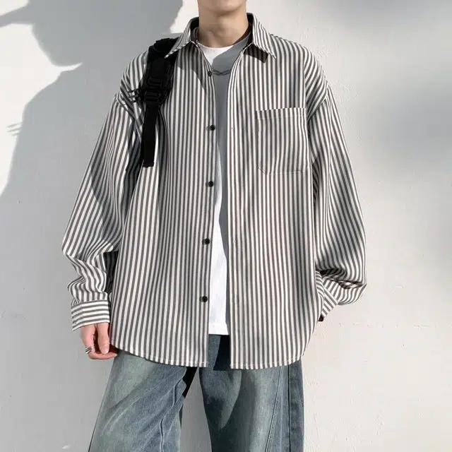 美力城 美式学院男友风复古撞色条纹单排扣休闲落肩百搭日常高街风日系简约经典基础款长袖衬衫 男女同款