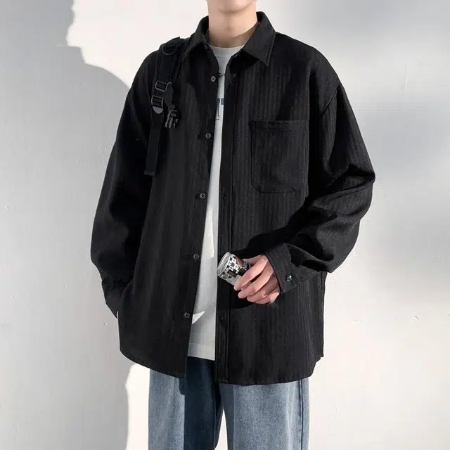 美力城 美式学院男友风复古撞色条纹单排扣休闲落肩百搭日常高街风日系简约经典基础款长袖衬衫 男女同款