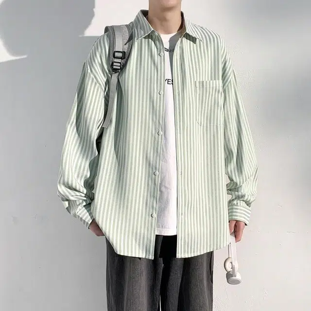美力城 美式学院男友风复古撞色条纹单排扣休闲落肩百搭日常高街风日系简约经典基础款长袖衬衫 男女同款