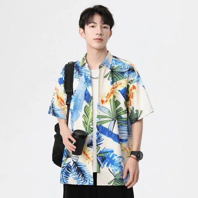 海底小纵队 潮流高级感开衫沙滩撞色翻领印花卉重磅宽松痞帅内搭小众免烫户外休闲夏威夷风短袖衬衫 男女同款