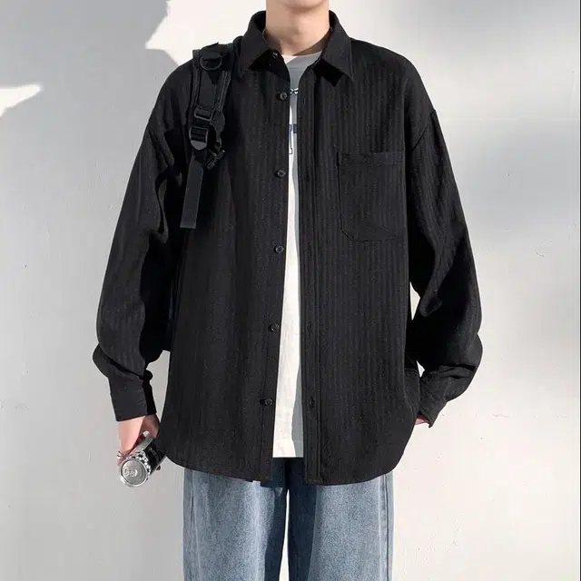 美力城 美式学院男友风复古撞色条纹单排扣休闲落肩百搭日常高街风日系简约经典基础款长袖衬衫 男女同款