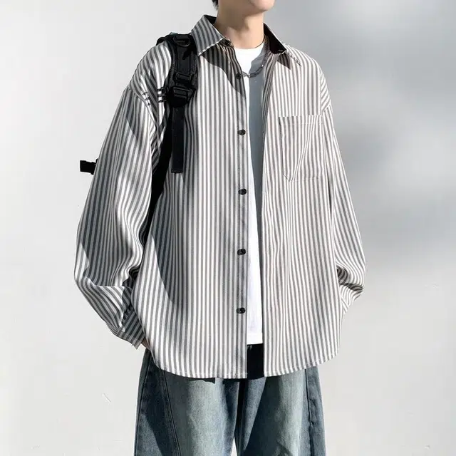 美力城 美式学院男友风复古撞色条纹单排扣休闲落肩百搭日常高街风日系简约经典基础款长袖衬衫 男女同款