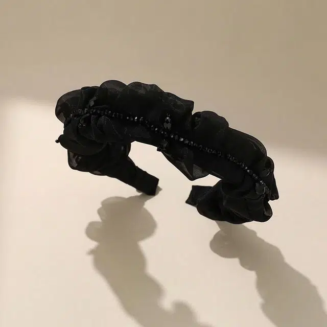 沂茹 赫本风简约日常通勤百搭气质黑色串珠褶皱宽边刘海束发高颅顶头箍文艺优雅气质减龄 布艺 发箍 女款