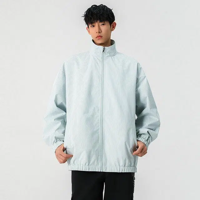 雅鹿 基础款简约日系学院风高街复古百搭双面穿条纹宽松立领休闲运动长袖开衫教练夹克外套 男女同款