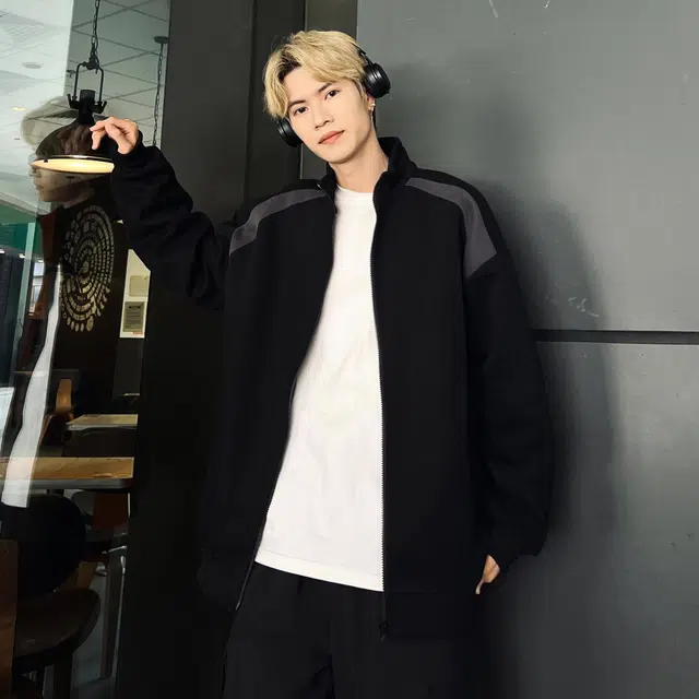 吾皇猫 高街美式复古无性别穿搭简约百搭拼接设计感高级感插肩袖立领运动休闲宽松基础款舒适透气时尚潮流双拉头开衫夹克外套 男女同款