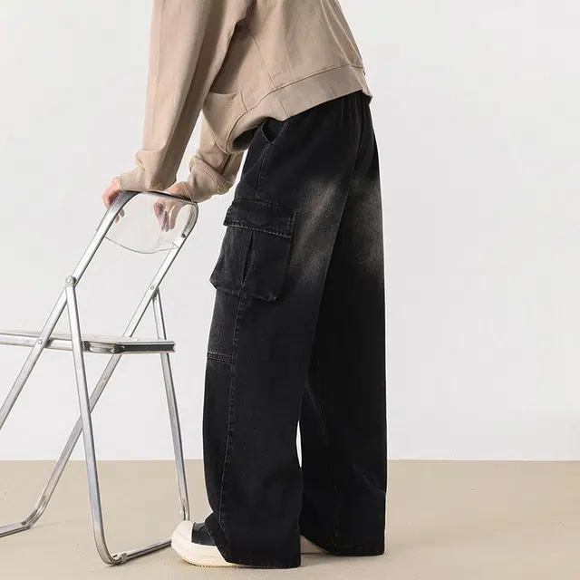 绘承 美式复古水洗做旧宽松休闲垂感百搭直筒牛仔裤 男女同款