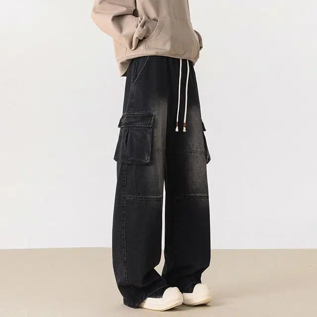 绘承 美式复古水洗做旧宽松休闲垂感百搭直筒牛仔裤 男女同款