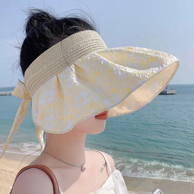 上海故事 甜美可爱波浪花帽女无痕遮阳帽太阳帽子遮脸大帽檐夏拼接空顶帽 聚酯纤维 防晒帽 女款