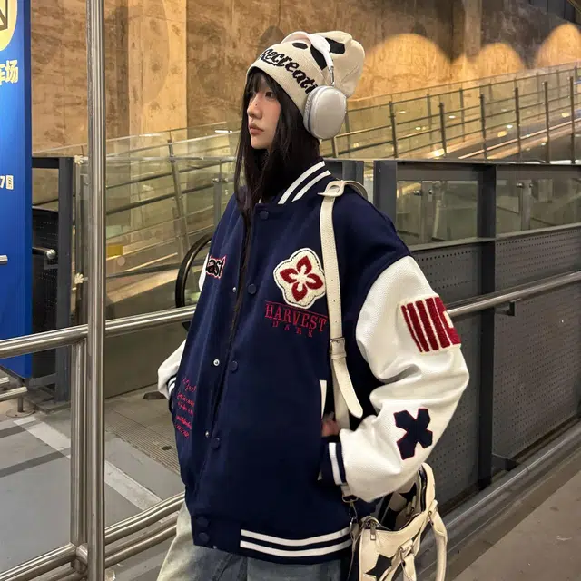 物质公式  美式复古潮牌重磅街头嘻哈字母毛巾绣植绒背面刺绣撞色外套休闲宽松百搭开衫棒球服 男女同款