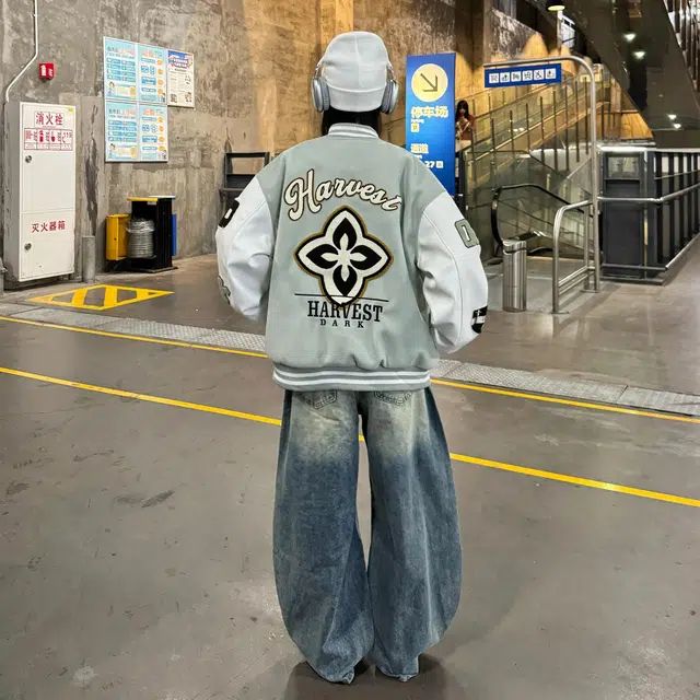物质公式  美式复古潮牌重磅街头嘻哈字母毛巾绣植绒背面刺绣撞色外套休闲宽松百搭开衫棒球服 男女同款