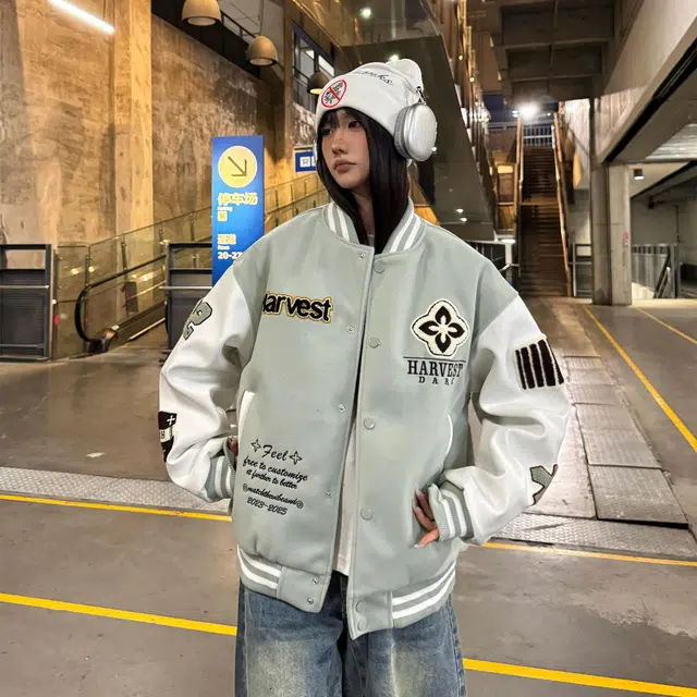 物质公式  美式复古潮牌重磅街头嘻哈字母毛巾绣植绒背面刺绣撞色外套休闲宽松百搭开衫棒球服 男女同款