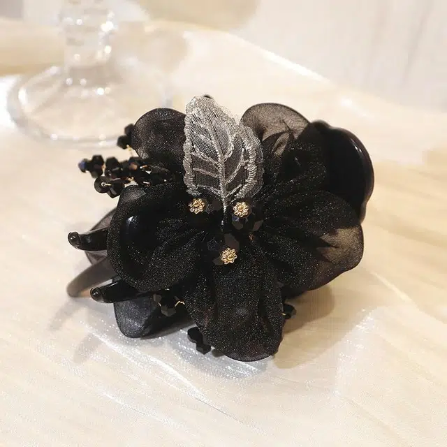 沂茹 文艺森系简约优雅气质甜美黑色花朵串珠雪纺盘发时尚日常百搭温柔甜美温柔 布艺 发夹 女款