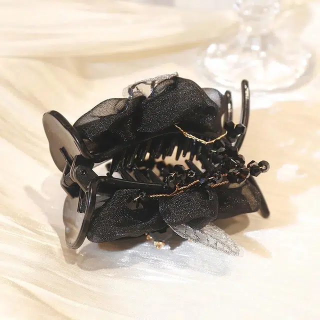 沂茹 文艺森系简约优雅气质甜美黑色花朵串珠雪纺盘发时尚日常百搭温柔甜美温柔 布艺 发夹 女款