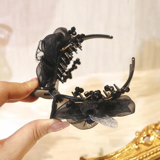 沂茹 文艺森系简约优雅气质甜美黑色花朵串珠雪纺盘发时尚日常百搭温柔甜美温柔 布艺 发夹 女款