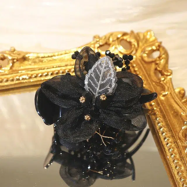 沂茹 文艺森系简约优雅气质甜美黑色花朵串珠雪纺盘发时尚日常百搭温柔甜美温柔 布艺 发夹 女款