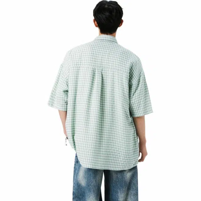 绘承 格纹薄款夏威夷透气宽松休闲无性别主义翻领单排扣格子短袖衬衫 男女同款 绿色