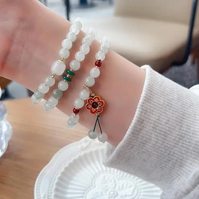 尚仟伊 【好运】好事花生 多圈叠戴转运珠好运莲莲精致花朵小众造型设计通勤百搭礼盒 天山翠 玉石手串 女款