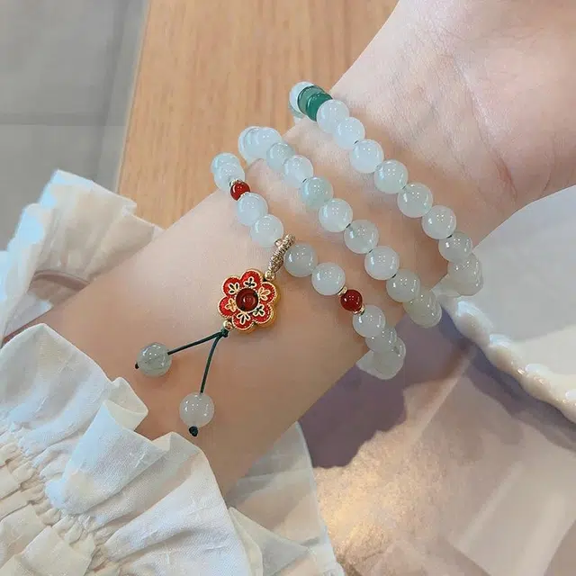 尚仟伊 【好运】好事花生 多圈叠戴转运珠好运莲莲精致花朵小众造型设计通勤百搭礼盒 天山翠 玉石手串 女款