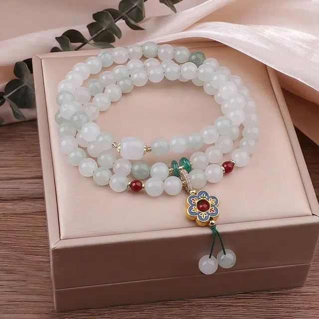 尚仟伊 【好运】好事花生 多圈叠戴转运珠好运莲莲精致花朵小众造型设计通勤百搭礼盒 天山翠 玉石手串 女款