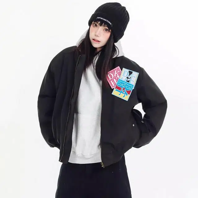 物质公式  美式潮牌复古刺绣魔术贴拉链宽松百搭舒适通勤飞行教练棒球服 男女同款