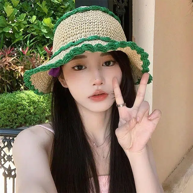 浪莎 夏季薄荷曼波甜美透气遮阳防晒草帽海边沙滩度假 草编 渔夫帽 女款