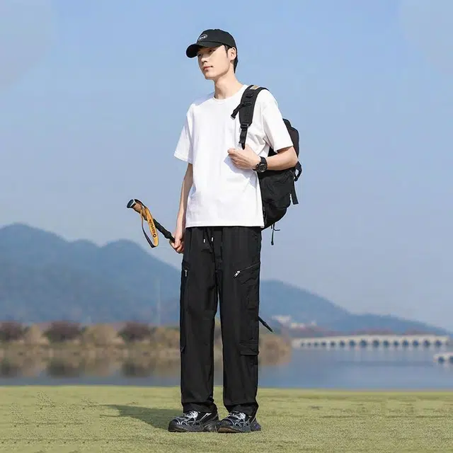 袋鼠 宽松纯色直筒复古百搭工装裤 男女同款 黑色