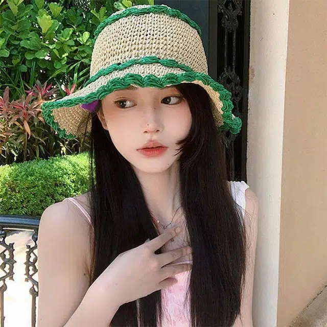 浪莎 夏季薄荷曼波甜美透气遮阳防晒草帽海边沙滩度假 草编 渔夫帽 女款