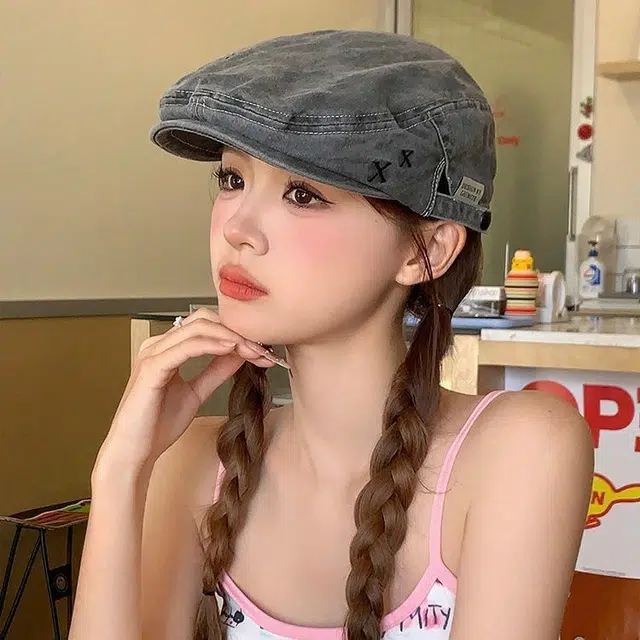 浪莎 复古牛仔前进帽英伦风大头围显脸小 棉 贝雷帽 女款