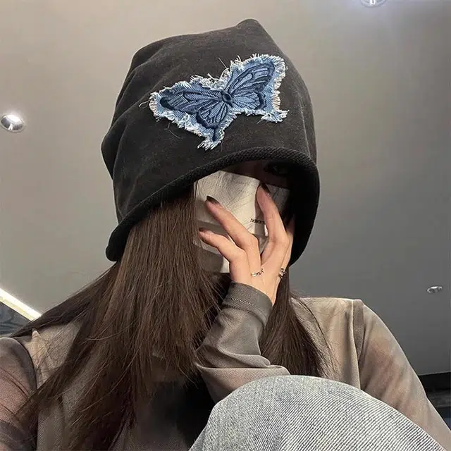 浪莎 拽姐高冷潮酷牛仔蝴蝶磨毛卷边套头帽街拍复古显脸小堆堆帽 棉 绒线帽 男女同款情侣款