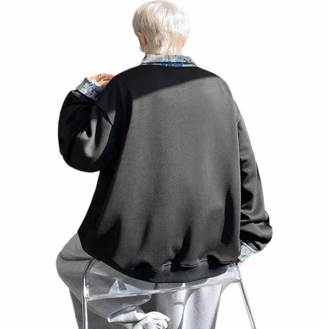 轻迎 撞色拼接假两件高级感衬衫领内搭大码卫衣 男款