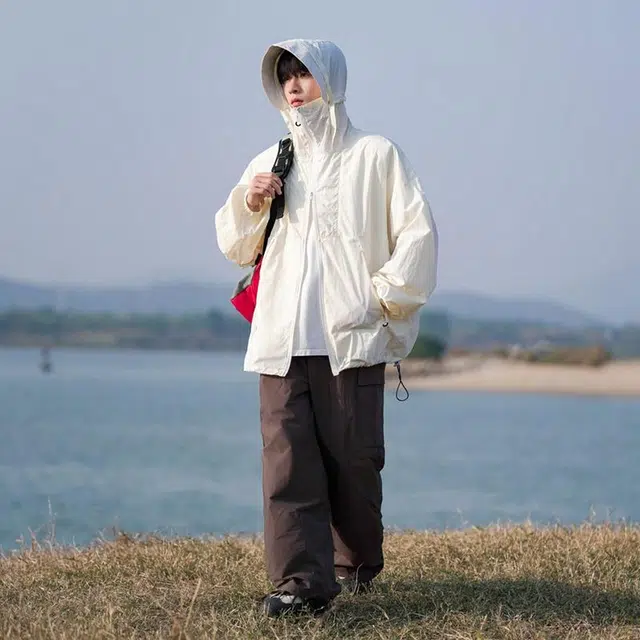 绘承 纯色日系简约轻薄宽松休闲无性别主义拉链百搭防紫外线旅游户外连帽 速干防晒服 男女同款