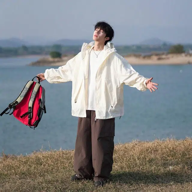 绘承 纯色日系简约轻薄宽松休闲无性别主义拉链百搭防紫外线旅游户外连帽 速干防晒服 男女同款