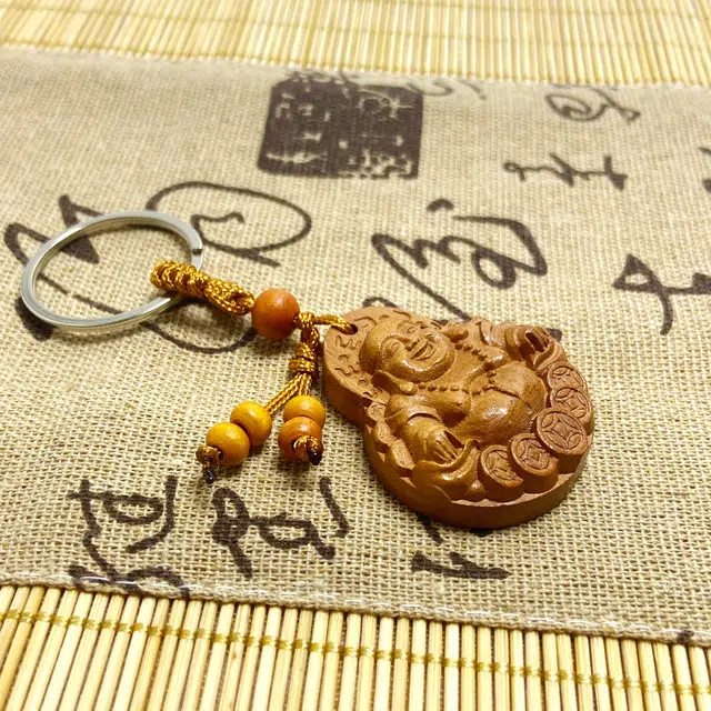 耳玺 国风弥勒佛雕刻吉祥好运创意独特实木随身小配件钥匙扣挂件国潮盘玩中式小众设计感 桃木 把件 男女同款情侣款