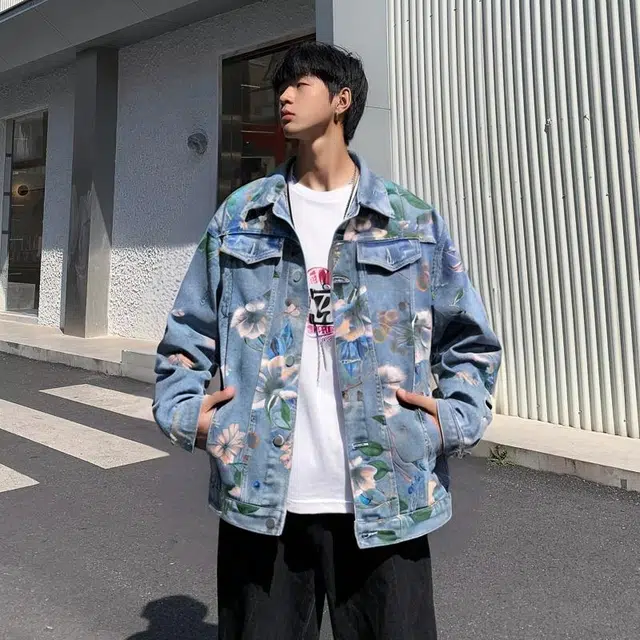 雅鹿 复古创意植物花卉图案美式学院风工艺水洗做旧百搭翻领落肩无性别主义宽松休闲单排扣牛仔夹克外套 男女同款 浅色
