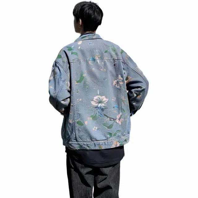 雅鹿 复古创意植物花卉图案美式学院风工艺水洗做旧百搭翻领落肩无性别主义宽松休闲单排扣牛仔夹克外套 男女同款 浅色