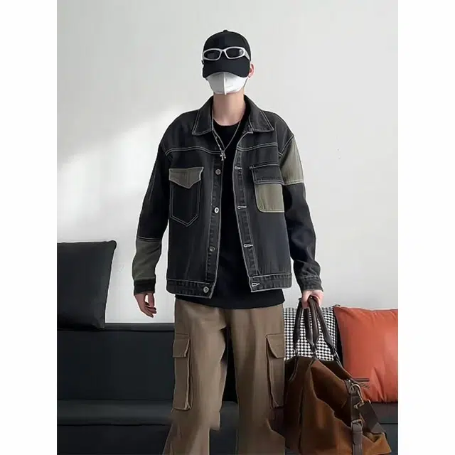 雅鹿 美式户外高街风水洗做旧复古拼色高级感设计休闲工装潮流百搭舒适翻领落肩宽松直筒单纽扣牛仔外套夹克 男女同款