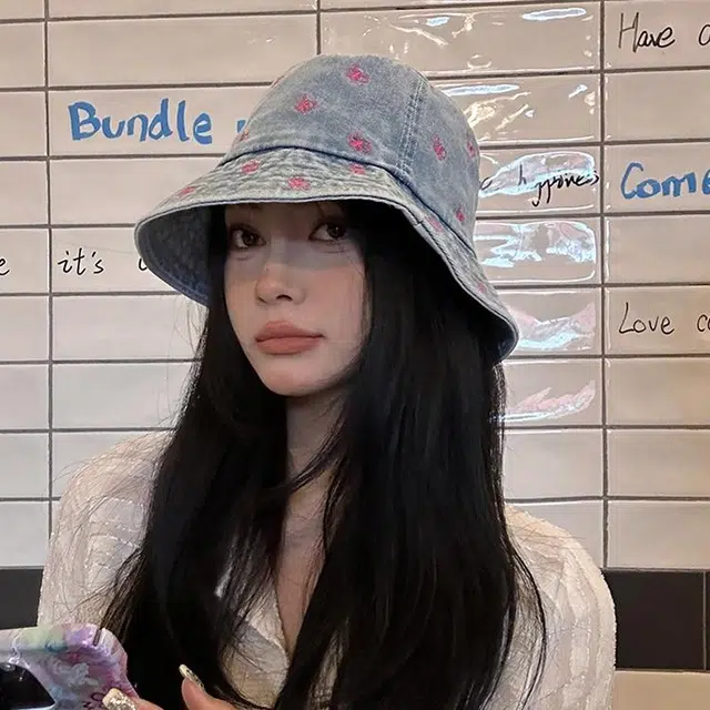 浪莎 蝴蝶刺绣牛仔大帽檐显脸小休闲盆帽春夏薄荷曼波遮阳 棉 渔夫帽 女款