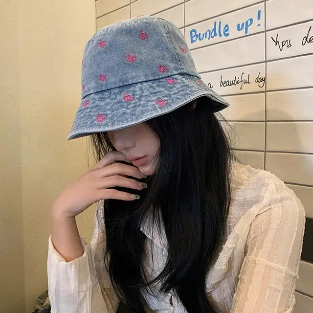 浪莎 蝴蝶刺绣牛仔大帽檐显脸小休闲盆帽春夏薄荷曼波遮阳 棉 渔夫帽 女款
