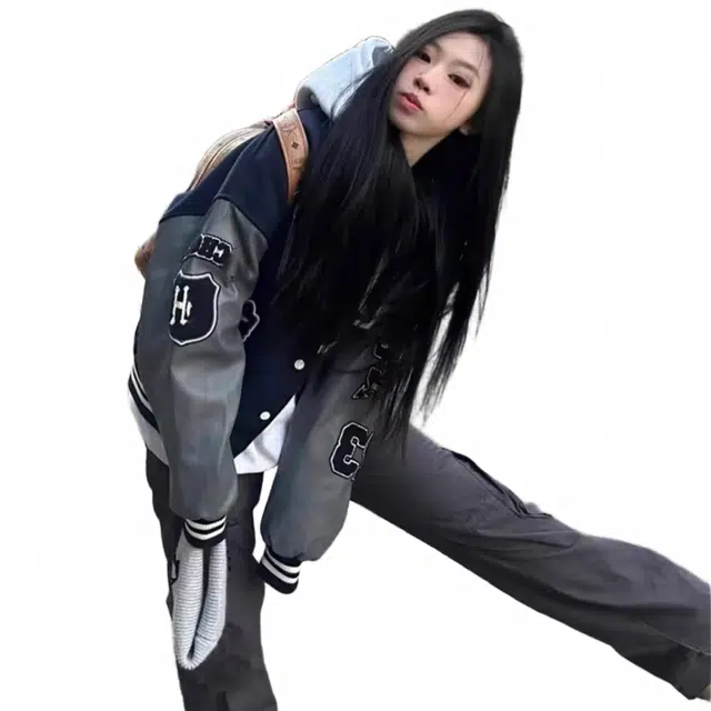费尔岛上的猫  美式复古国潮拼接撞色刺绣宽松棒球服 男女同款 藏蓝色
