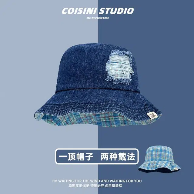 优莲茵 复古重工做旧破洞双面牛仔遮阳 宽檐大头围显脸小 百搭时尚潮男潮女出游户外 可双面戴 棉 渔夫帽 男女同款情侣款